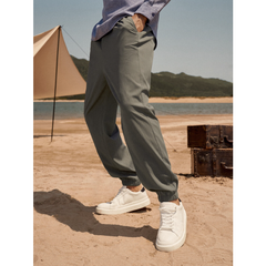 Mens Solid Color Magic Straps Elastic Waist Ankle Length Pants