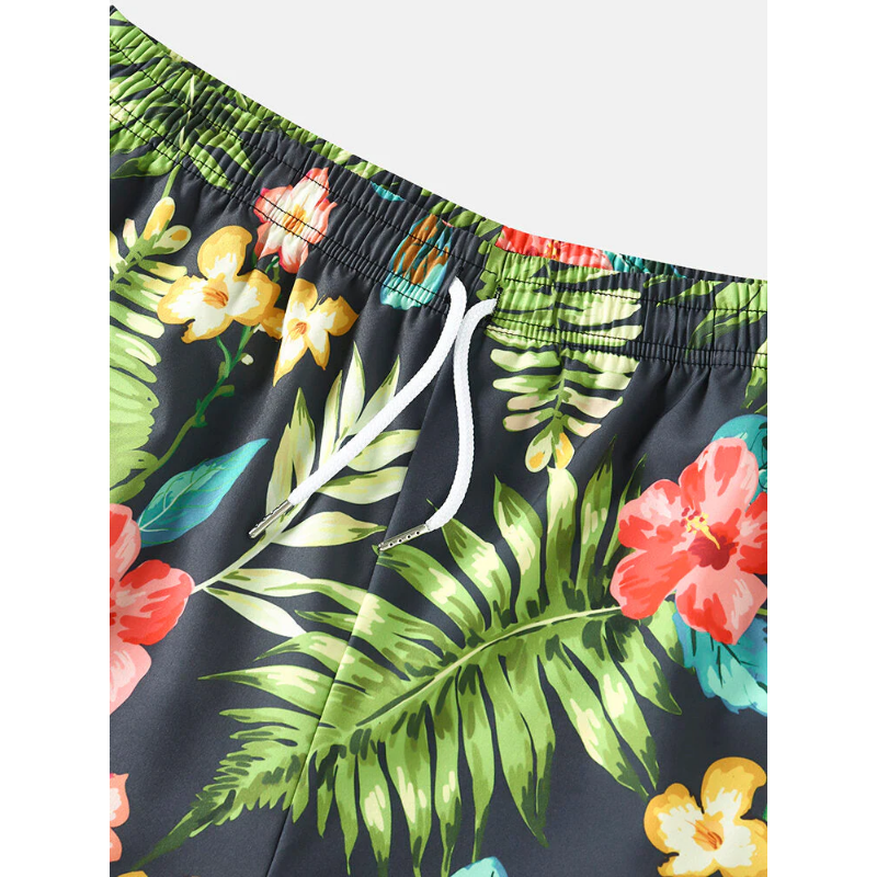 Mens All Over Flower Leaf Print Holiday Drawstring Hawaii Style Shorts