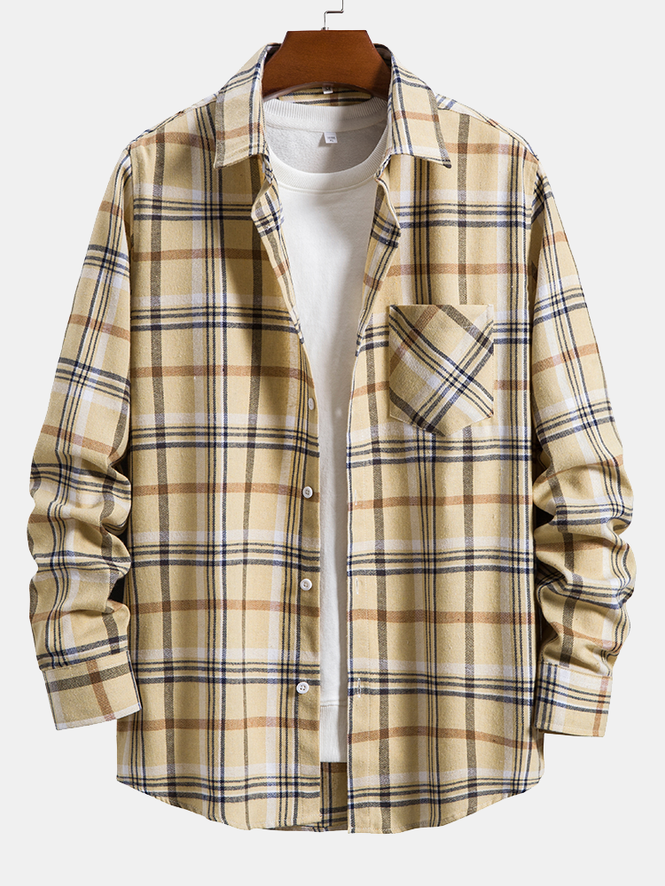 Single-breasted Colorful Plaid Patch Pocket Shirt Casual Classic Loose Shirt