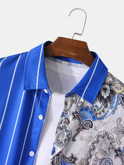 Men Stripe Paisley Patchworok Button Up Casual Long Sleeve Shirts