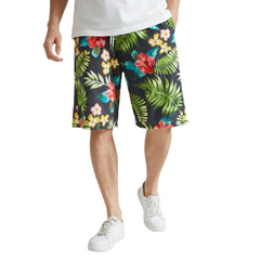 Mens All Over Flower Leaf Print Holiday Drawstring Hawaii Style Shorts