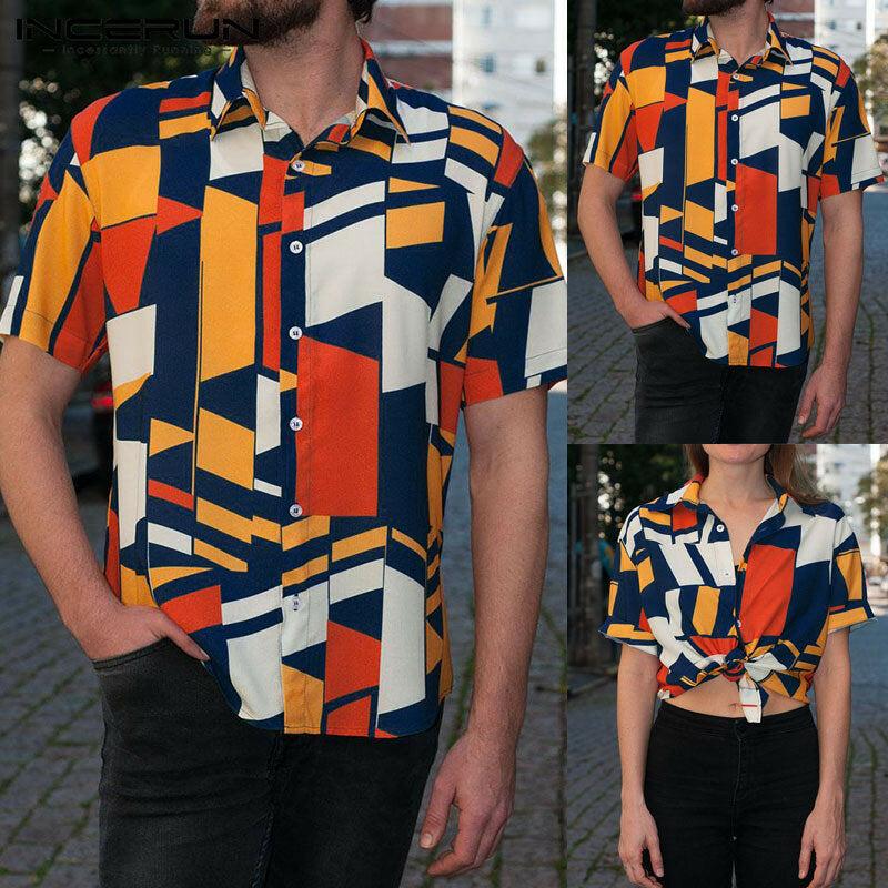 Artistic Styles Geometric Printing Short Sleeve Fit Tops Casual Shirts