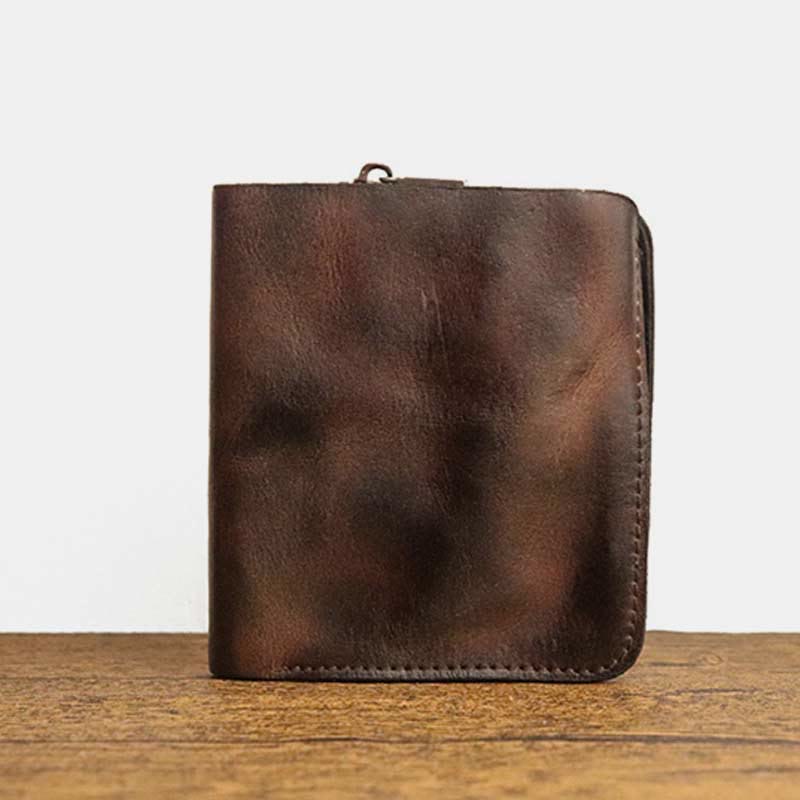 Men's Vintage Crinkled Leather Wallet Bifold Short Zipper Coin Card Holder