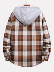 Men's Multi-color Patchwork Plaid Shirt Loose Drawstring Hooded Long-sleeved Shirt