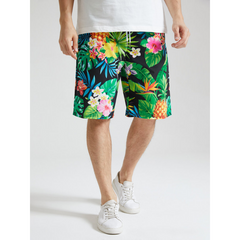 Mens Tropical Pineapple Print Holiday Mid Length Hawaii Style Drawstring Shorts