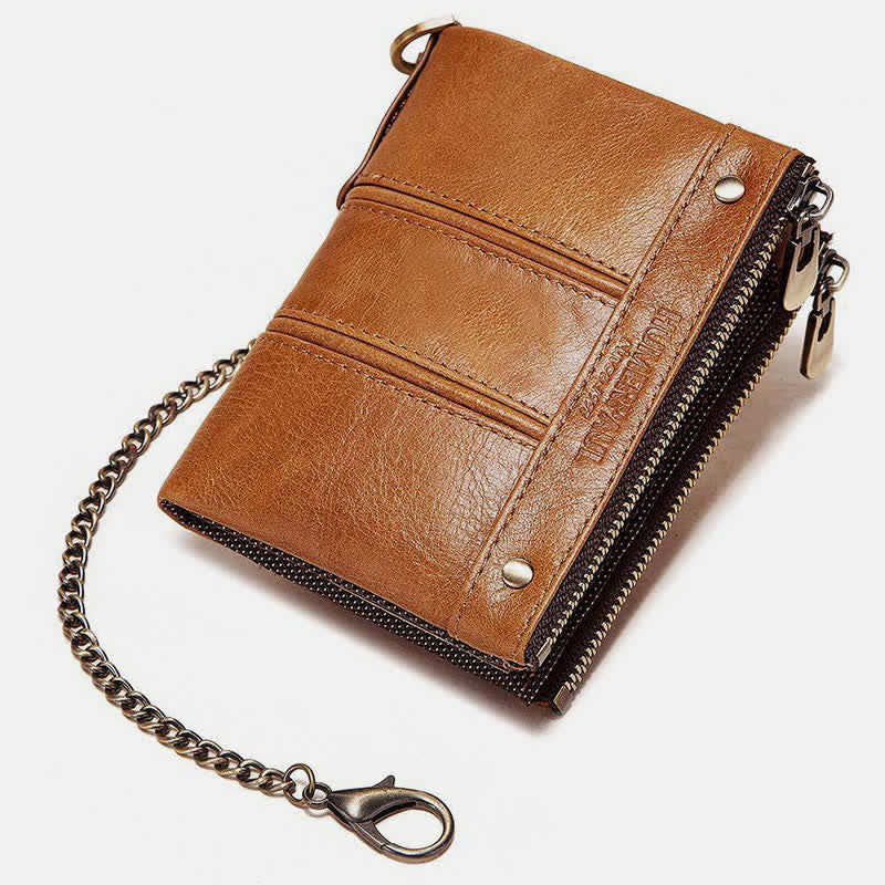 RFID Blocking Anti-theft Chain Bifold Wallet Men's Vintage Double Zipper Leather Wallet