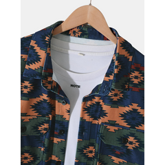 Mens Ethnic Argyle Printed Chest Pocket Long Sleeve Buttons Shirts