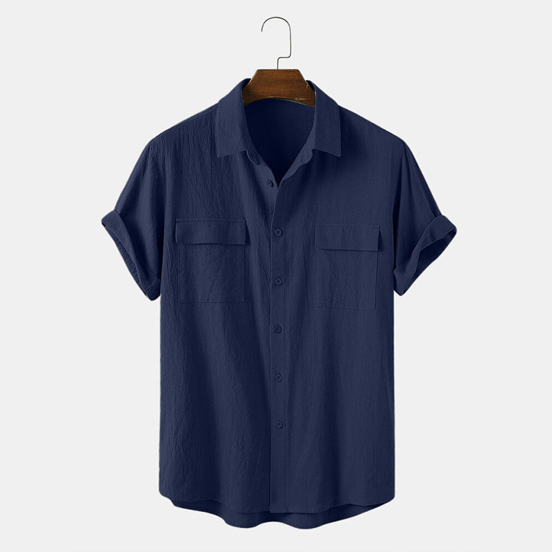 Men's Cotton Solid Color Double Pocket Casual Shirt