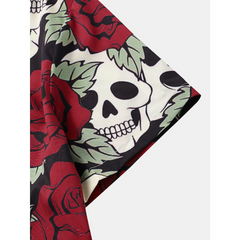 Mens All Over Rose Skull Print Funny Short Sleeve Shirts