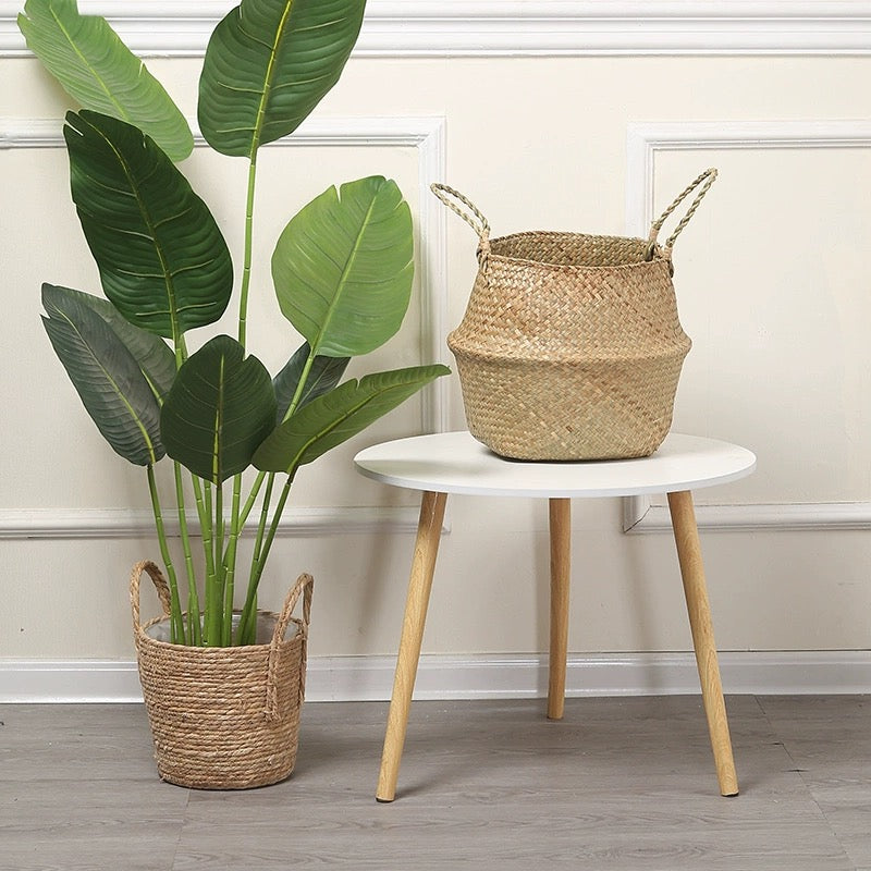 Woven Seagrass Basket With Handles For Plant Pot Belly Basket Storage Basket Wicker Baskets