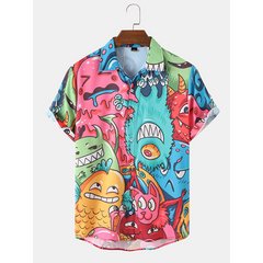 Men's Halloween Cartoon Casual Shirt Summer Print Lapel Thin Shirt