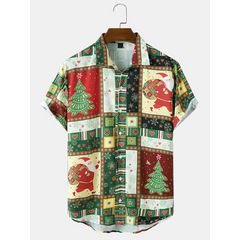 Men's Ethnic Santa Claus Pattern Button Contrast Short Sleeve Casual Shirt