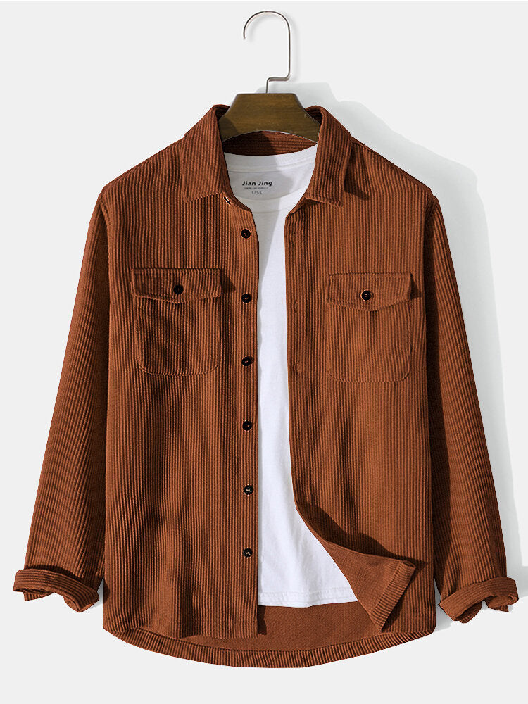 Men's Solid Color Front Double Pocket Corduroy Artistic Long Sleeve Shirt