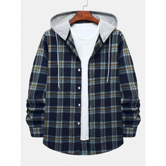 Contrast Hooded Check Vintage Men's Print Long Sleeve Button-Down Shirt