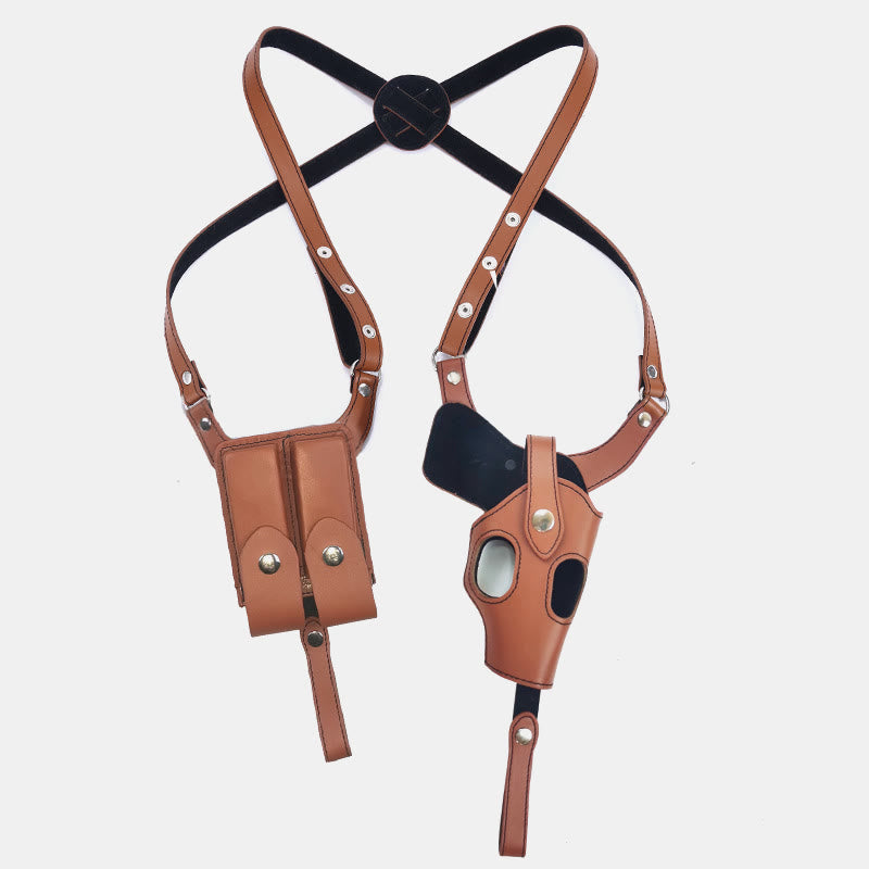 Leather Shoulder Holster with Dual Magazine Pockets Adjustable Hidden Underarm Bag Fits Glock 19/43/48