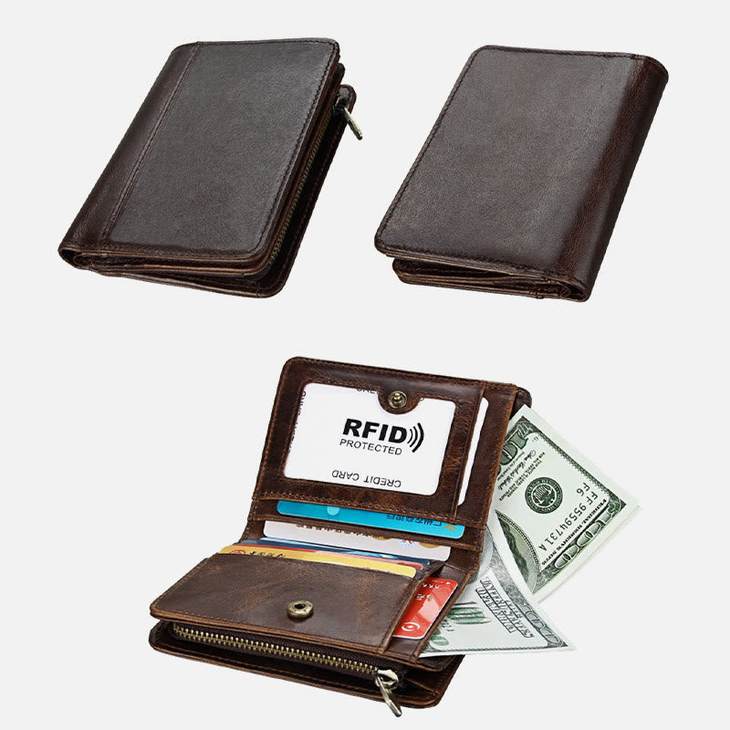 Men Short Anti Theft Genuine Leather Retro Card Holder Wallet