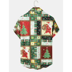 Men's Ethnic Santa Claus Pattern Button Contrast Short Sleeve Casual Shirt