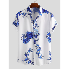 Mens Eastern Culture Porcelain Floral Printed Short Sleeve Casual Shirts