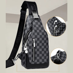 Men's Travel Double Layer PU Leather Light Shoulder Bag Plaid Messenger Backpack