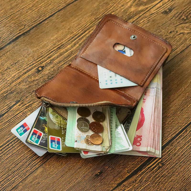 Men's Vintage Crinkled Leather Wallet Bifold Short Zipper Coin Card Holder