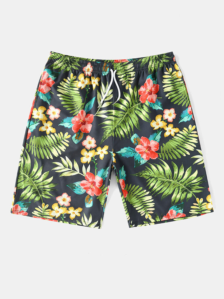 Mens All Over Flower Leaf Print Holiday Drawstring Hawaii Style Shorts