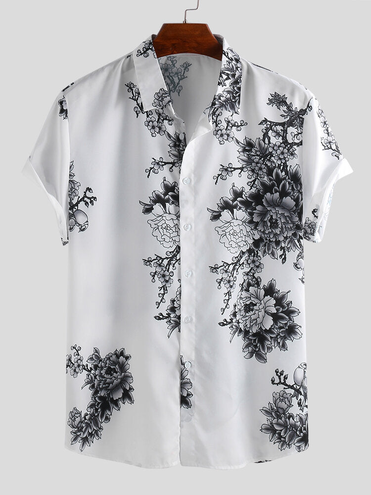 Mens Eastern Culture Porcelain Floral Printed Short Sleeve Casual Shirts