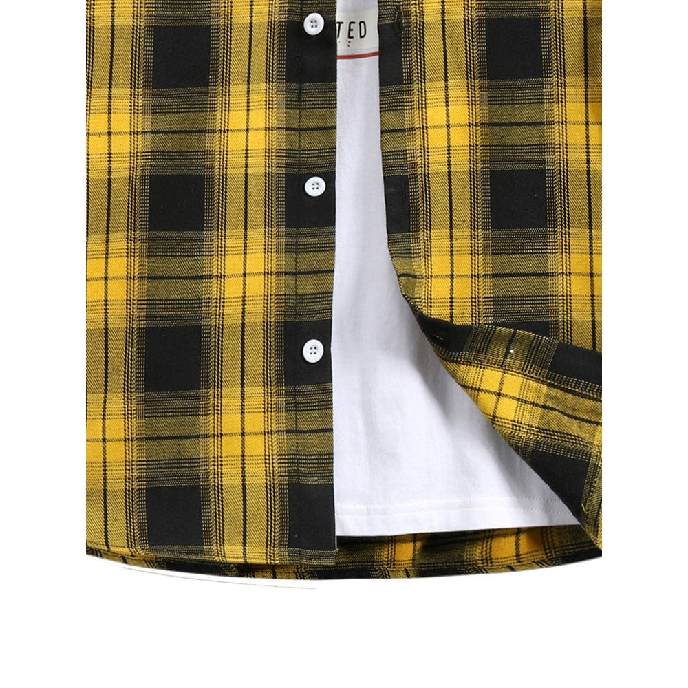 Yellow Casual Plaid Front Button Splicing Fake Two-Piece Sleeve Hooded Long Sleeve Shirt