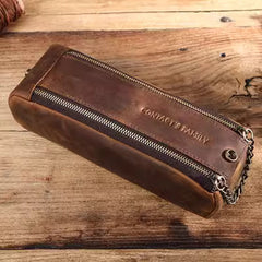 Vintage Pencil Bag Double Open Double Zipper Leather Multipurpose Cosmetic Bag Pencil Case