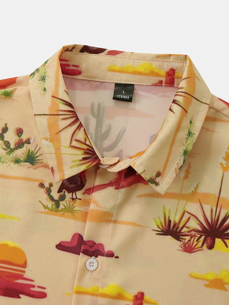 Men Dessert Landscape Print Plants Paradise Short Sleeve Casual Shirts