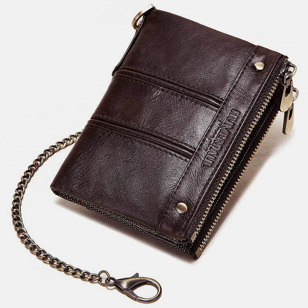 RFID Blocking Anti-theft Chain Bifold Wallet Men's Vintage Double Zipper Leather Wallet
