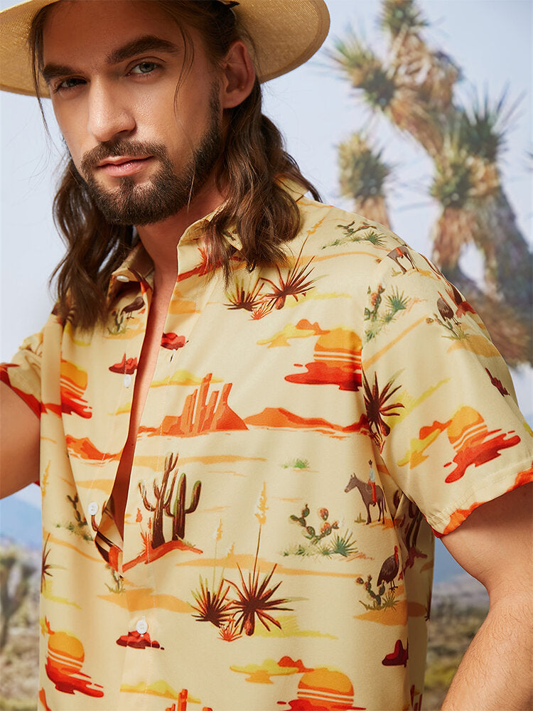 Men Dessert Landscape Print Plants Paradise Short Sleeve Casual Shirts