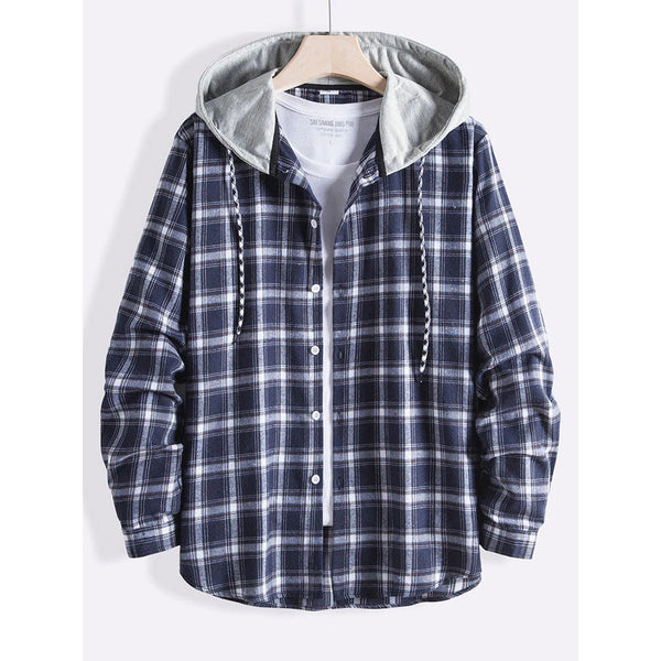 Men's Drawstring Hooded Loose Shirt Plaid Patchwork Long Sleeve Shirt