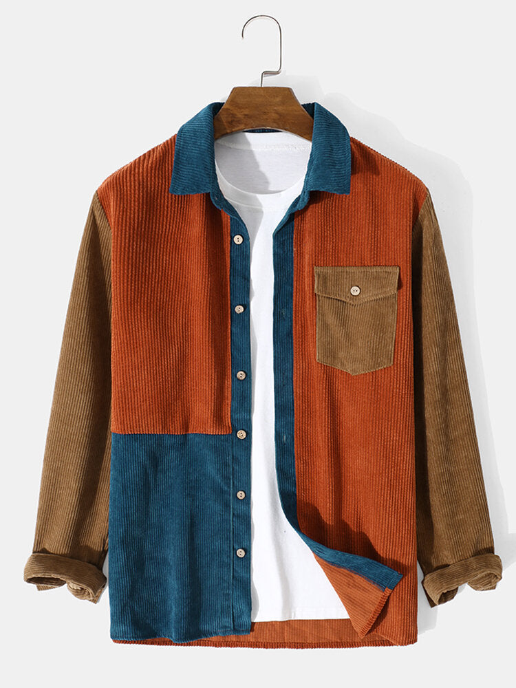 Mens Splicing Corduroy Button Color Block Casual Shirt