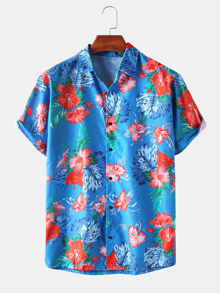 Hawaii Casual Style Floral Print Lapel Collar Short Sleeve Cotton Shirts