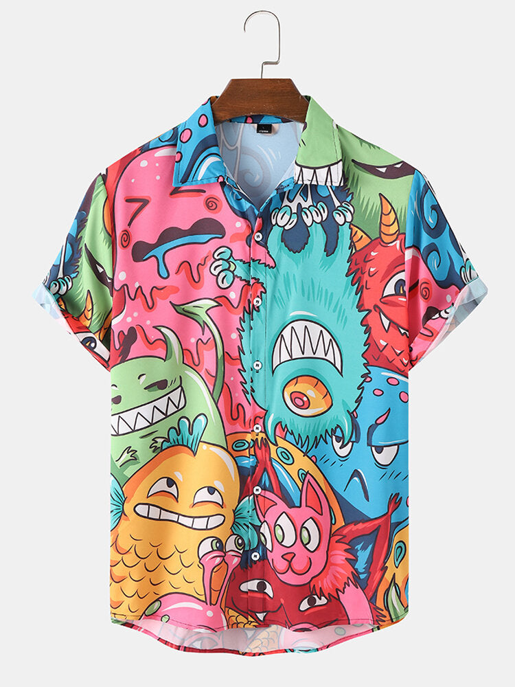 Men's Halloween Cartoon Casual Shirt Summer Print Lapel Thin Shirt