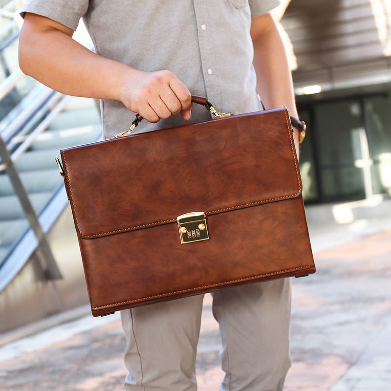 Vintage Men's Business Messenger Bag Large Briefcase with Lock