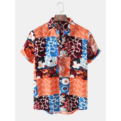 Mens Floral Mixed Print Patchwork Lapel Short Sleeve Holiday Casual Shirt