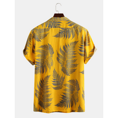 Pine Leaves Print Cotton Short Sleeve Relaxed Shirts