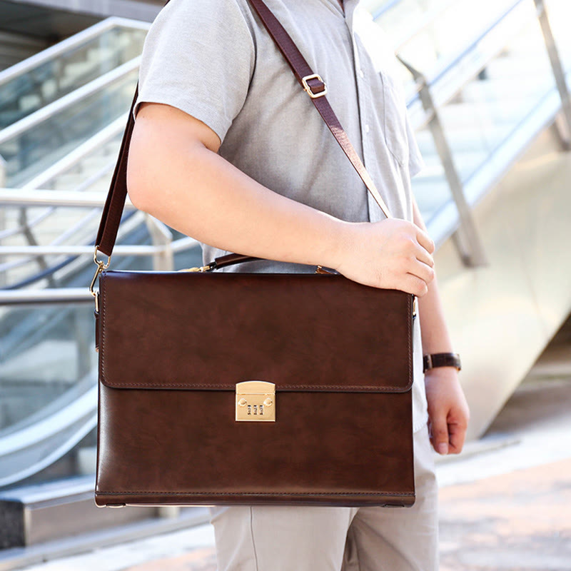 Vintage Men's Business Messenger Bag Large Briefcase with Lock