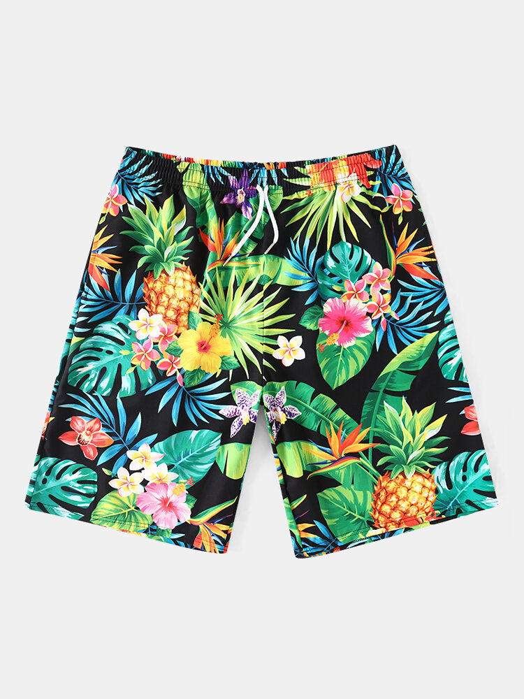 Mens Tropical Pineapple Print Holiday Mid Length Hawaii Style Drawstring Shorts