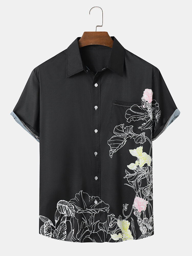 Men's Black Printed Button Short Sleeve Shirt