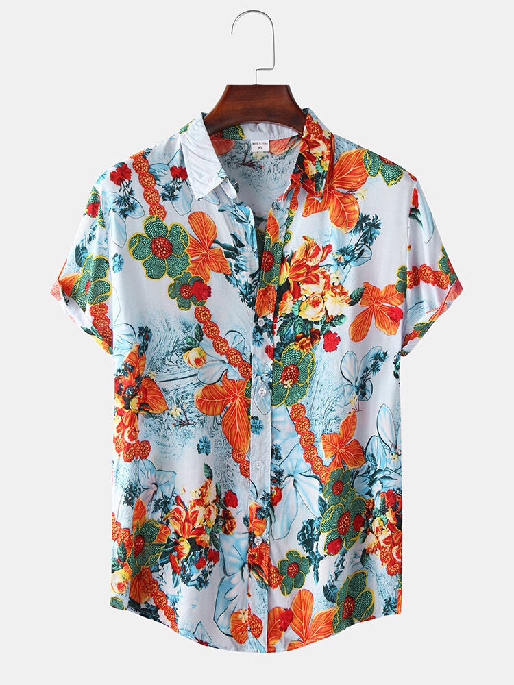 Mens Floral Oil Printing Short Sleeve Shirts