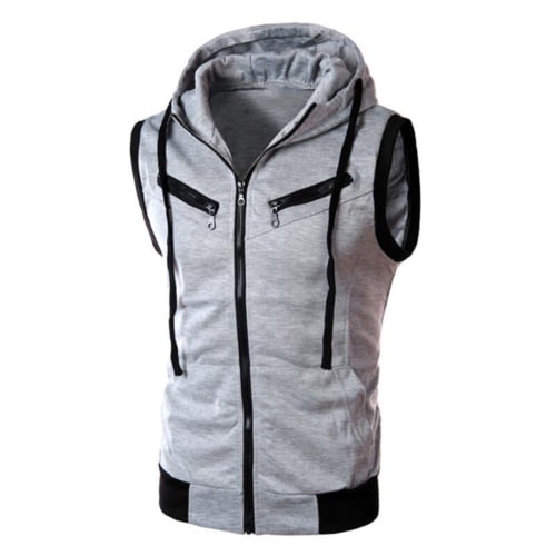 Men Solid Color Hooded Gilet Vest Zip Pocket Sleeveless Slim Waistcoat Jacket