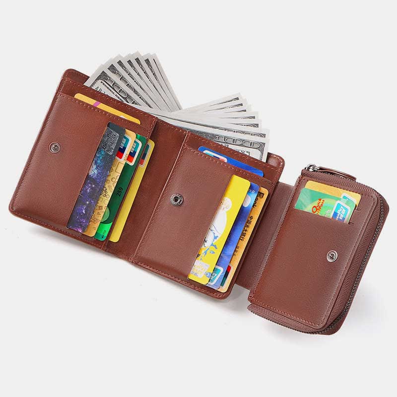 Men's Large Capacity Leather Wallet Credit Card Holder RFID Stealth Mode Tri-Fold Wallet Anti-theft Money Clip