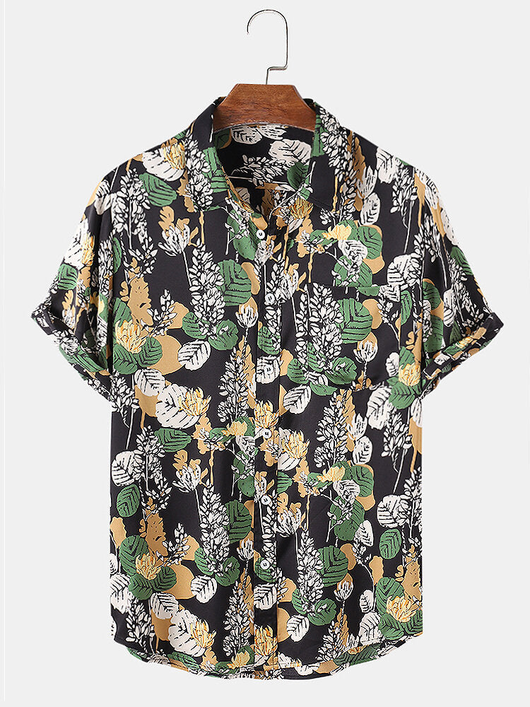 Mens Tropical Plant Leaves Print Short Sleeve Holiday Shirts