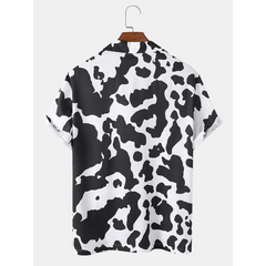 Mens Cow Pattern Print Revere Collar Short Sleeve Casual Shirts