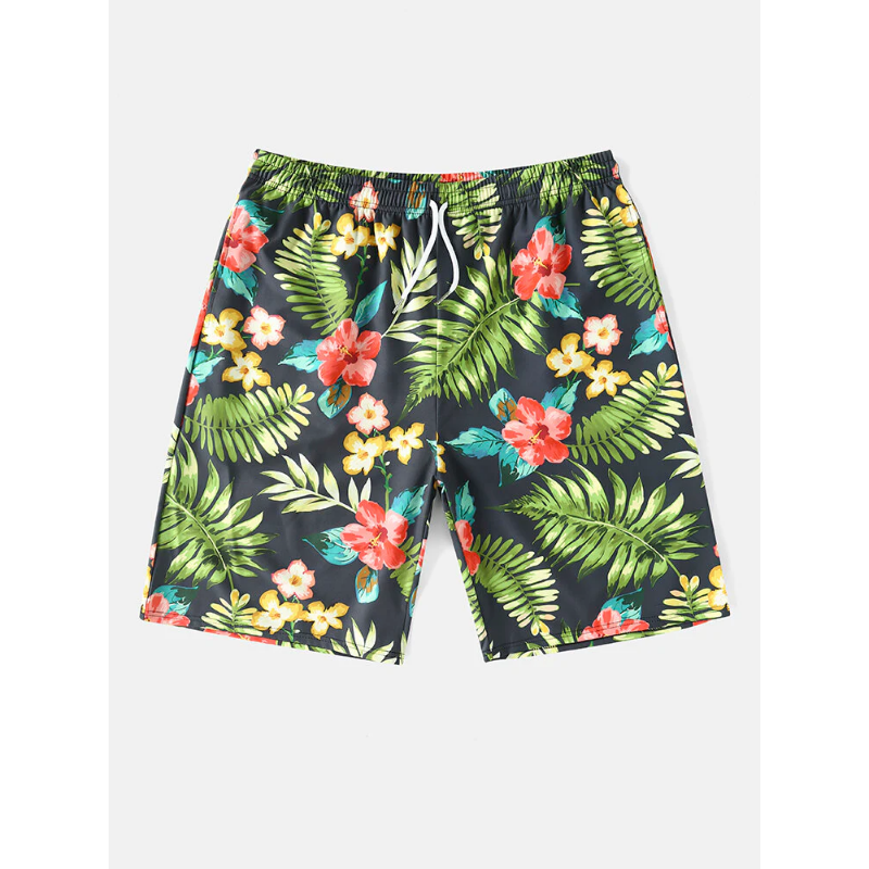 Mens All Over Flower Leaf Print Holiday Drawstring Hawaii Style Shorts