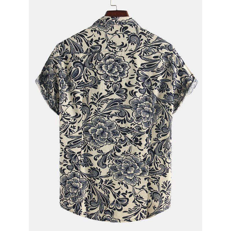 Men Cotton Ethnic Pattern Floral Print Oriental Short Sleeve Shirts