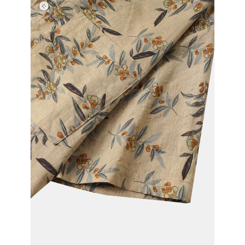 Mens Casual Leaf Print Pocket Shirts