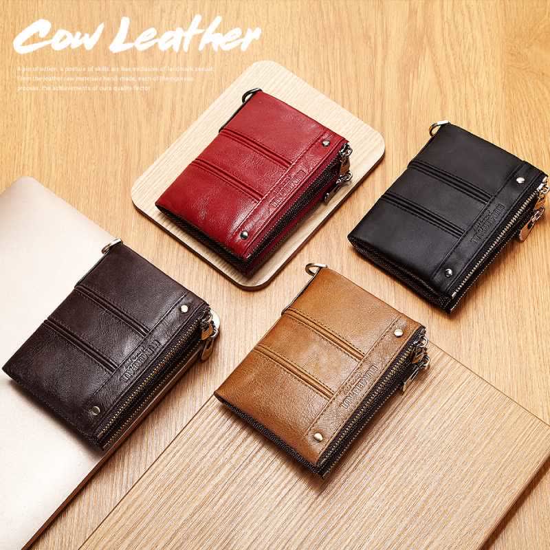 RFID Blocking Anti-theft Chain Bifold Wallet Men's Vintage Double Zipper Leather Wallet